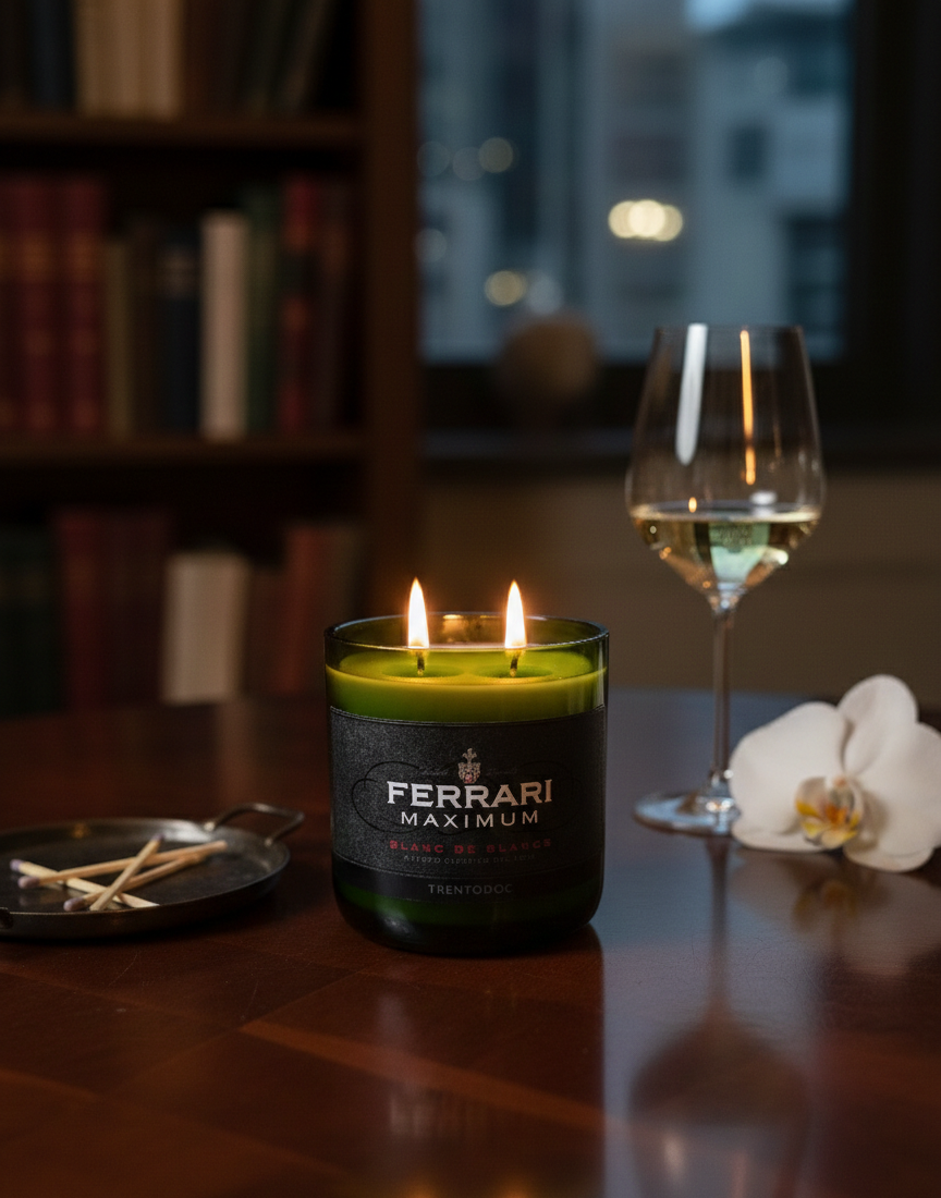 Candela ricavata artigianalmente da bott. Ferrari Maximum Blanc de Blancs